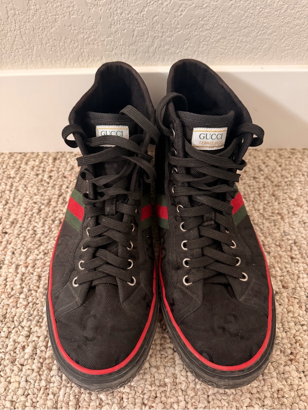 Gucci Black High-Top Sneakers with Green and Red Stripe